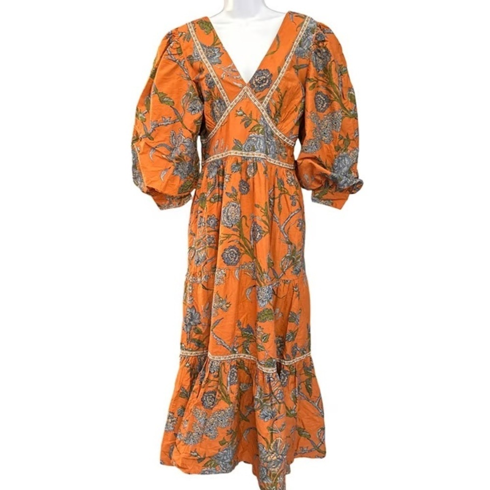 HOUSE OF HARLOW 1960 Wanda Midi Dress Orange Floral Puff Sleeve Pockets